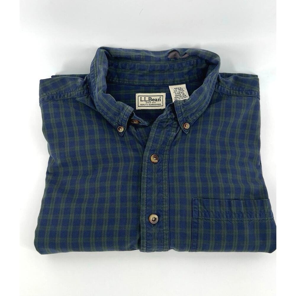 L.L.Bean Cotton Button Down Flannel Shirt Men's Size L Blue Green Plaid Outdoors